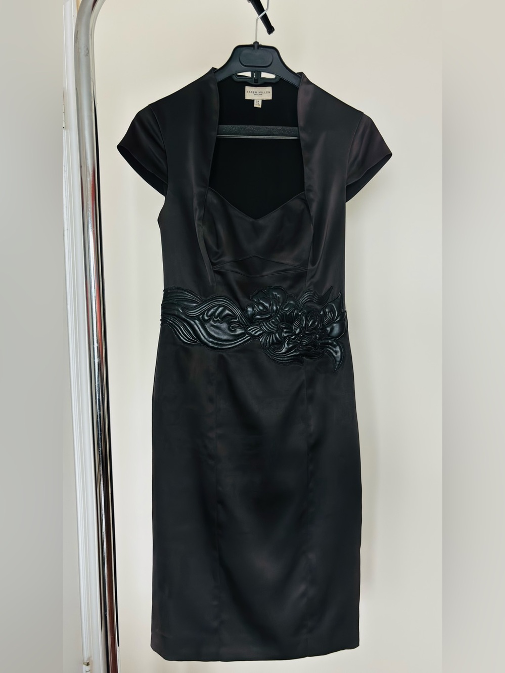 Karen Millen Black Satin Midi Dress with Sculpted Floral Waist